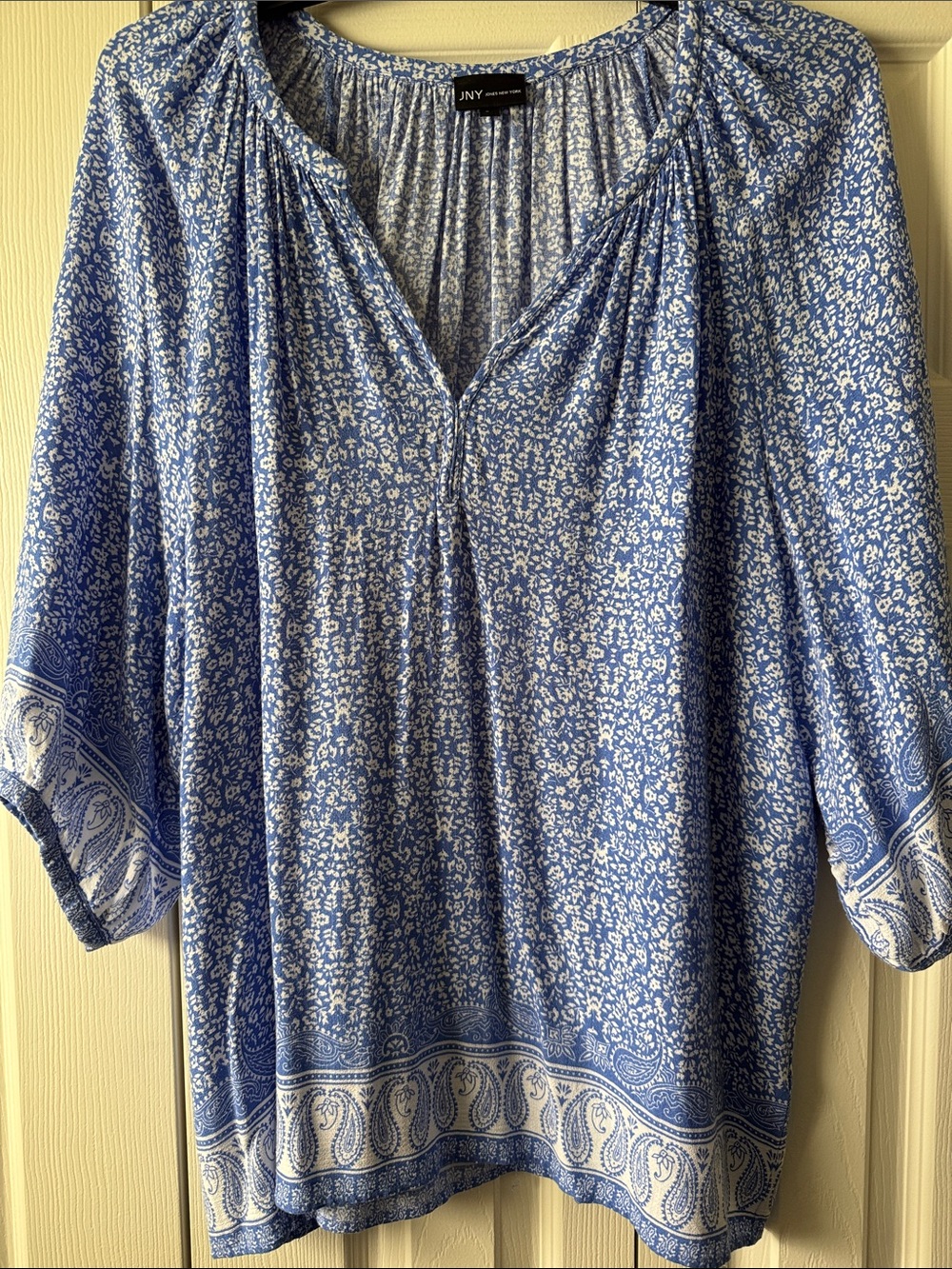 Jones New York Collection Blue and White Paisley-Trim Peasant Blouse